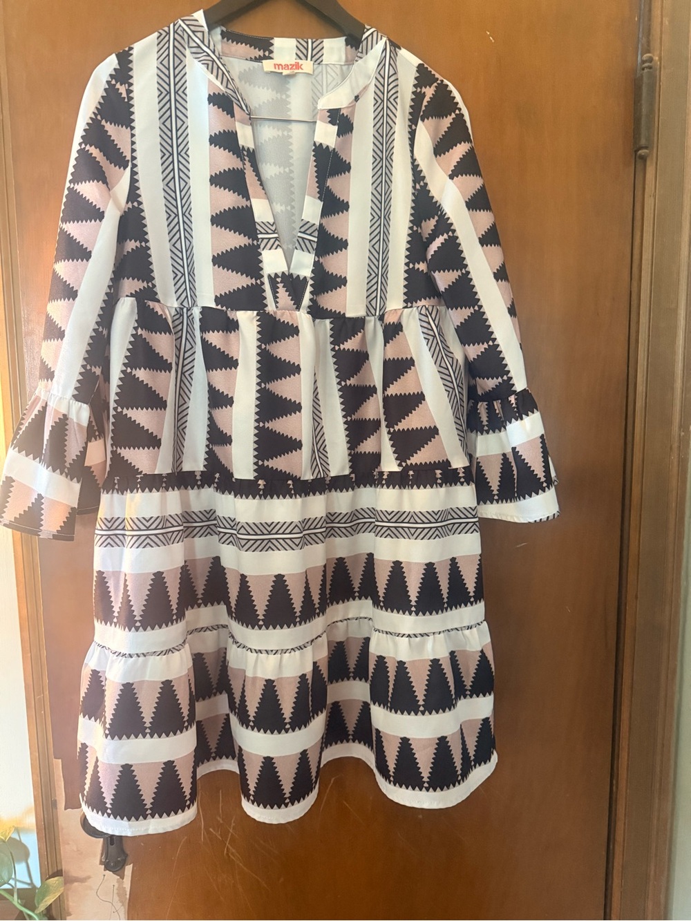 mazik  Geometric Tiered Dress in Pink and Black
